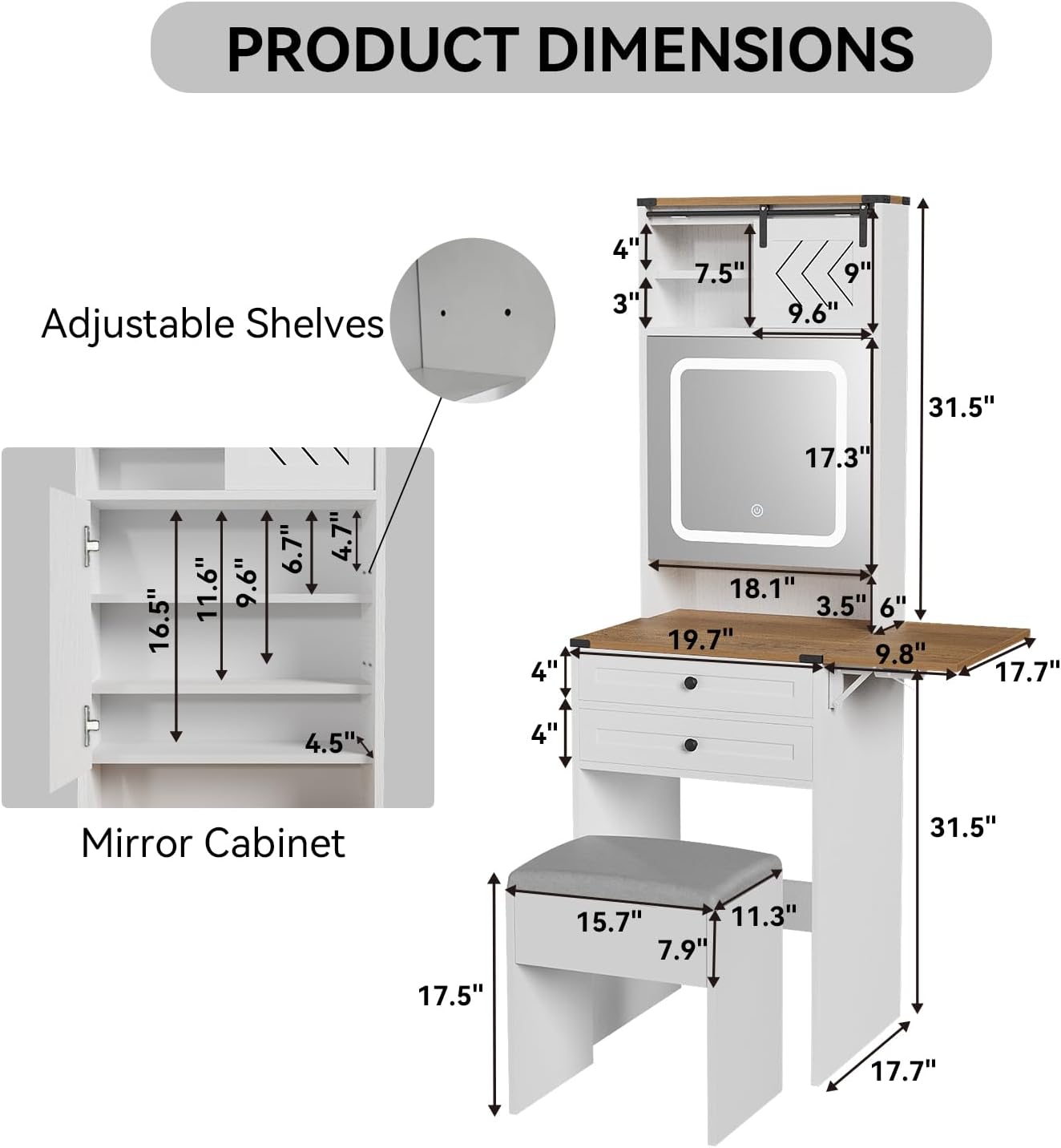 ARTETHYS Farmhouse Small Vanity Desk Set with Mirror Cabinet Mini Makeup Vanities Set with 3 Adjustable Lights and Storage Chair for Compact Space, White Dressing Table with Fold-up Panel