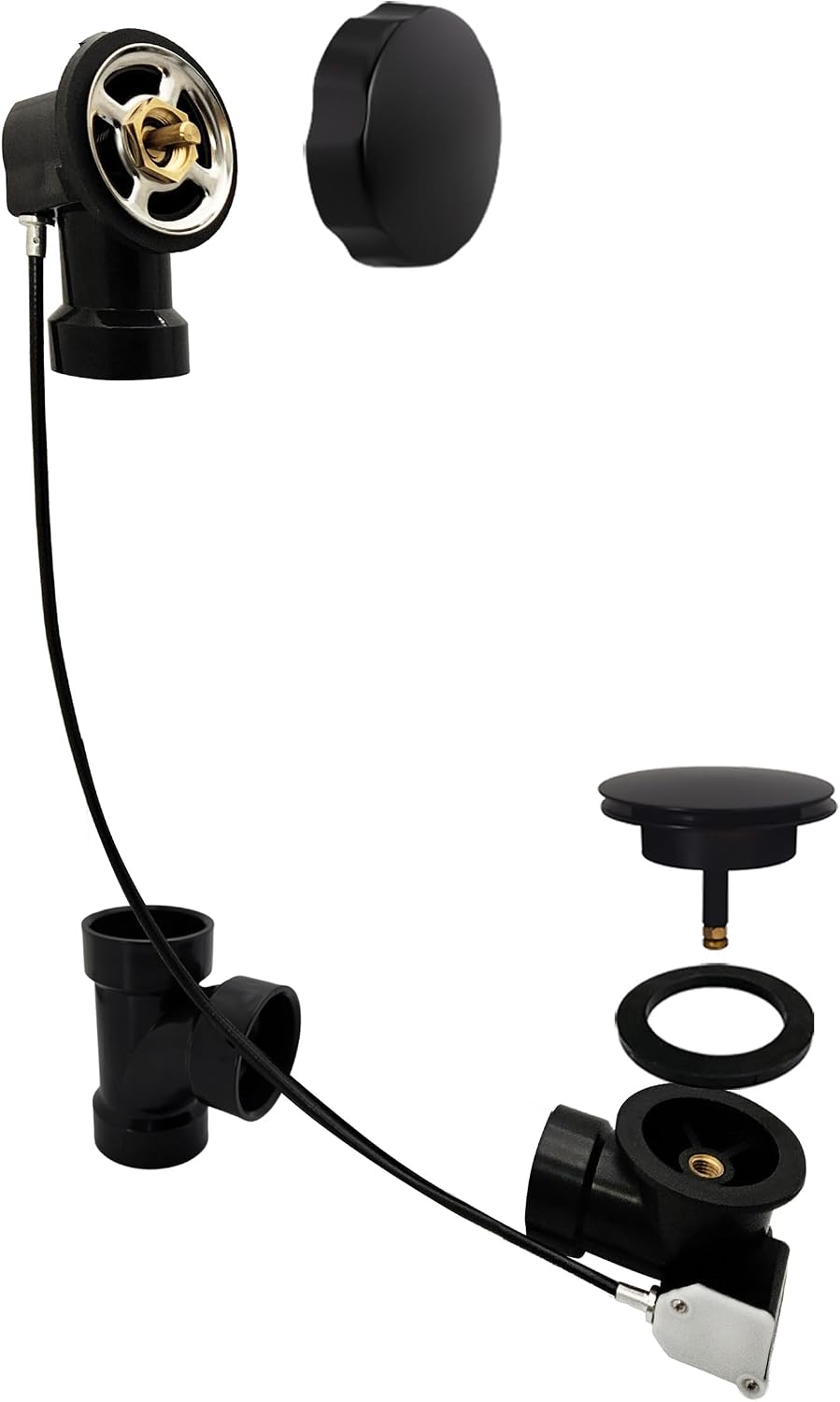 Westbrass A50A27-62 27' SCH. 40 ABS Cable Driven Bath Drain Trim Kit with Rotary Overflow Cover Knob and Pop-Up Stopper, Matte Black