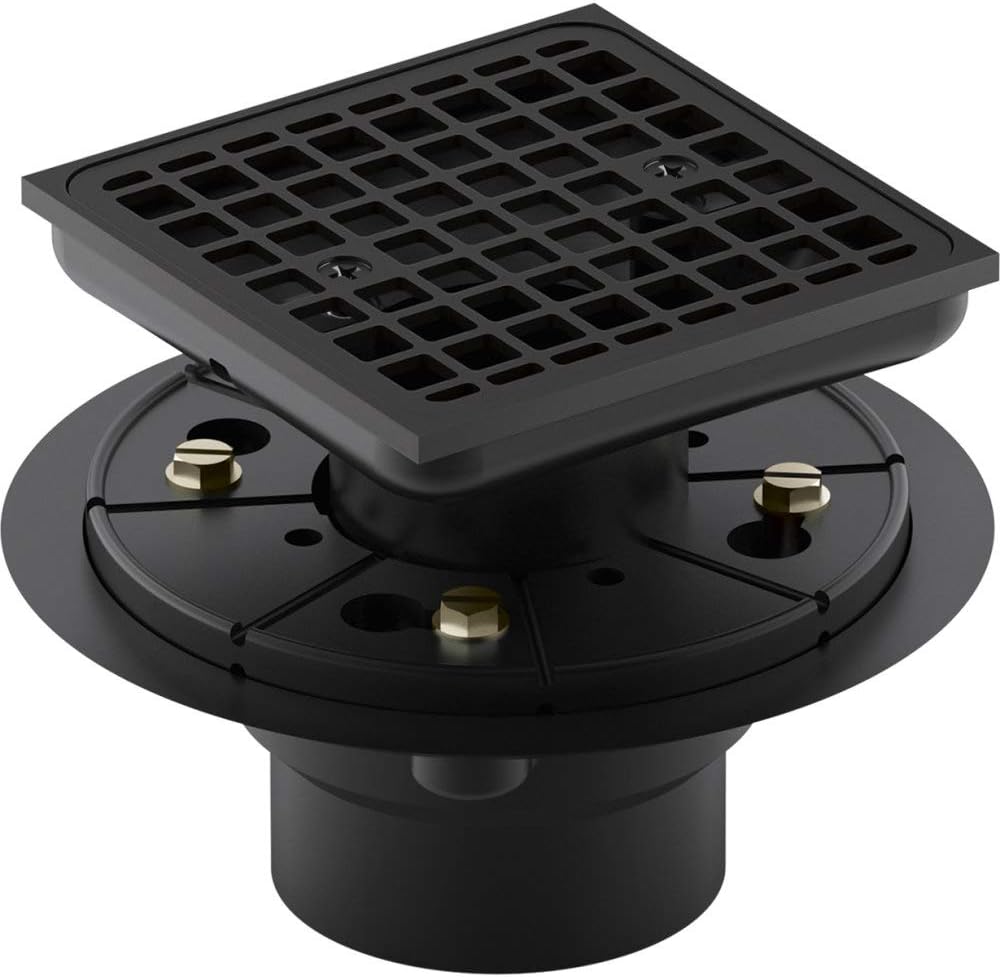 KOHLER K-9136-BL Clearflo Square Design Tile-In Shower Drain, Removable Grid Plate, 2' & 3' PVC Connection, Corrosion Resistant, Matte Black
