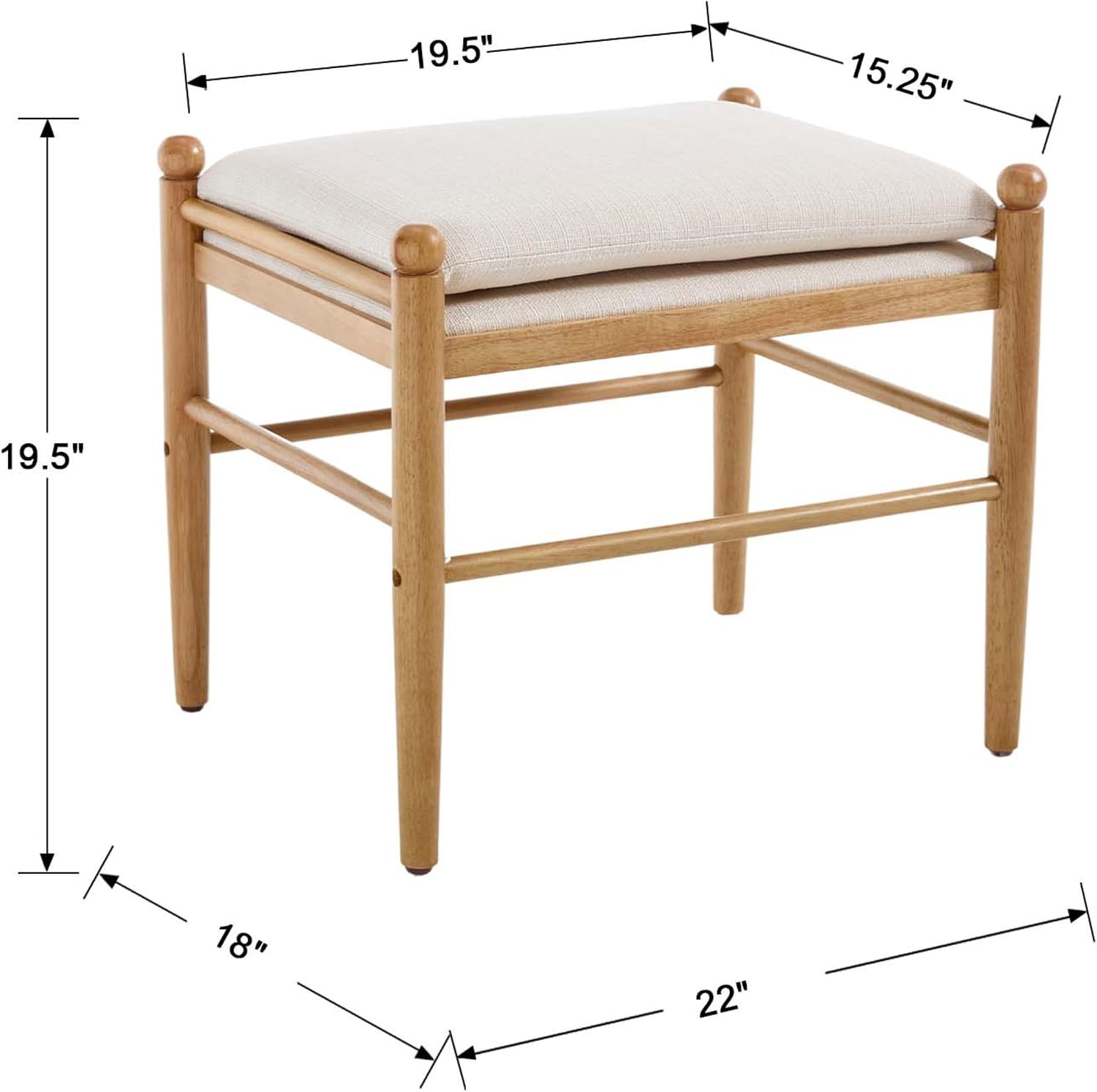 Ottoman Footrest, 19 Inch Upholstered Vanity Bench Seat, Backless Makeup Stool with Solid Wood Legs for Dining Room/Bedroom/Living Room/Entryway,Brown Frame/Beige Linen