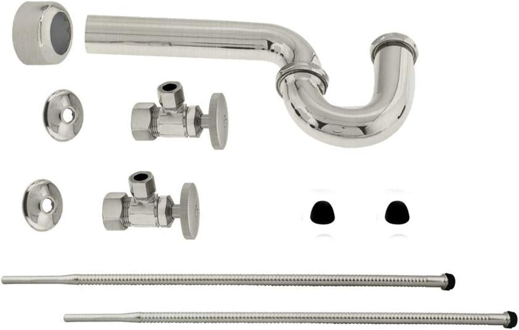 Westbrass D1538L-07 Pedestal Sink Lavatory Supply Line Kit with P-Trap and Round Handle Angle Stops, Satin Nickel