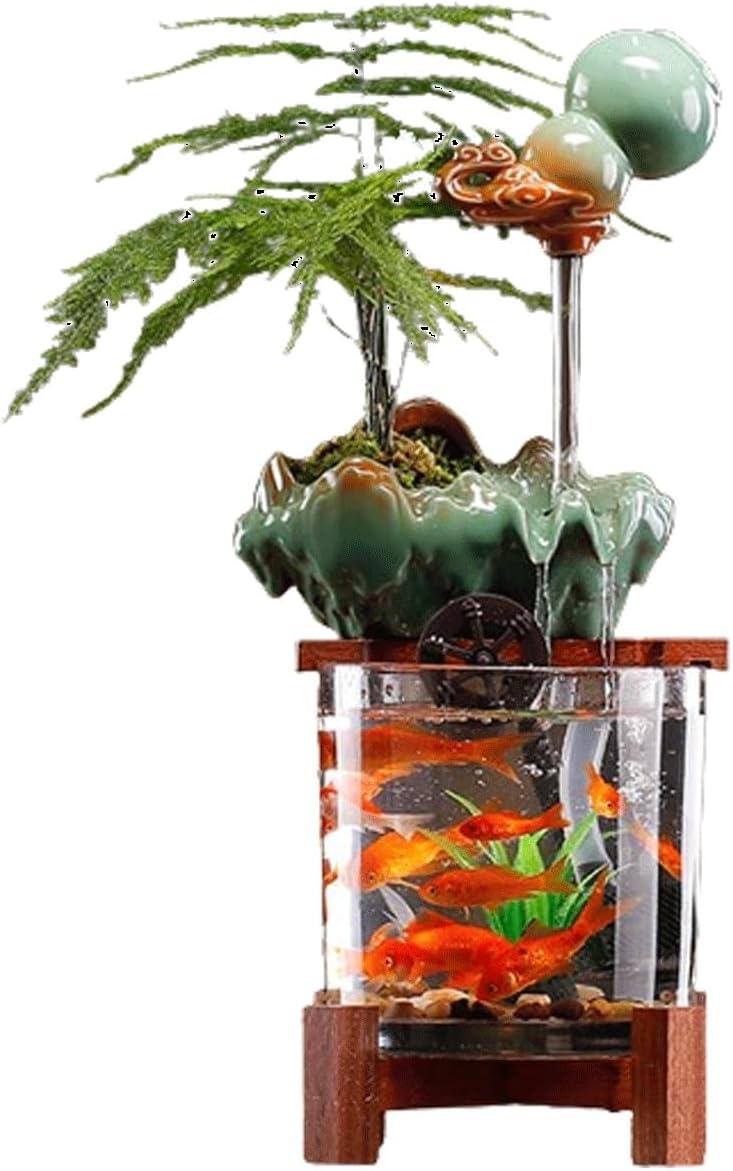 Indoor Floating Gourd Indoor Fountain w/Fish Tank Tabletop Aquarium Waterfall Fountain w/Wooden Base Feng Shui Zen Decor for Home Fuente(Green)