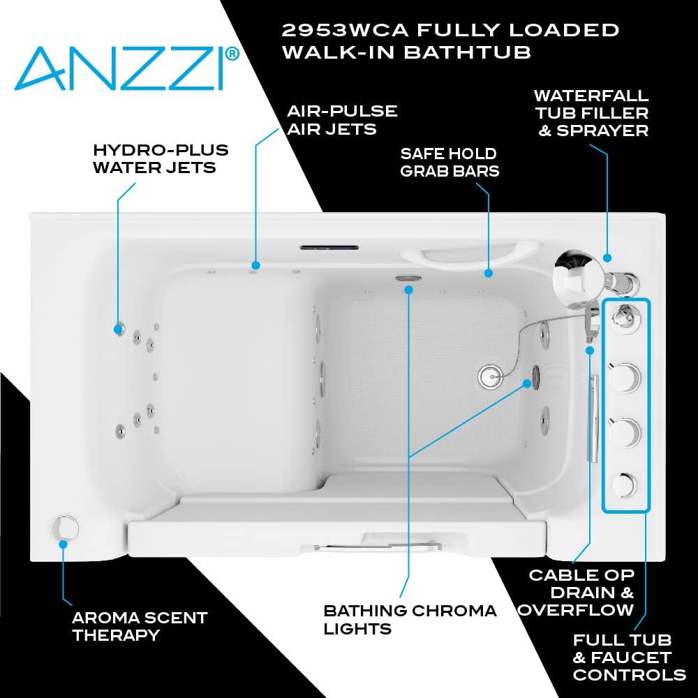 ANZZI Walk-In Bathtub 29 x 52 in Wheelchair Accessible Left Drain Acrylic Tub, Air & Whirlpool Jets, ADA Compliant Seat, Quick Fill Faucet, Heater, Aromatherapy, Chromatherapy, Auto Drain | 2953WCLWD