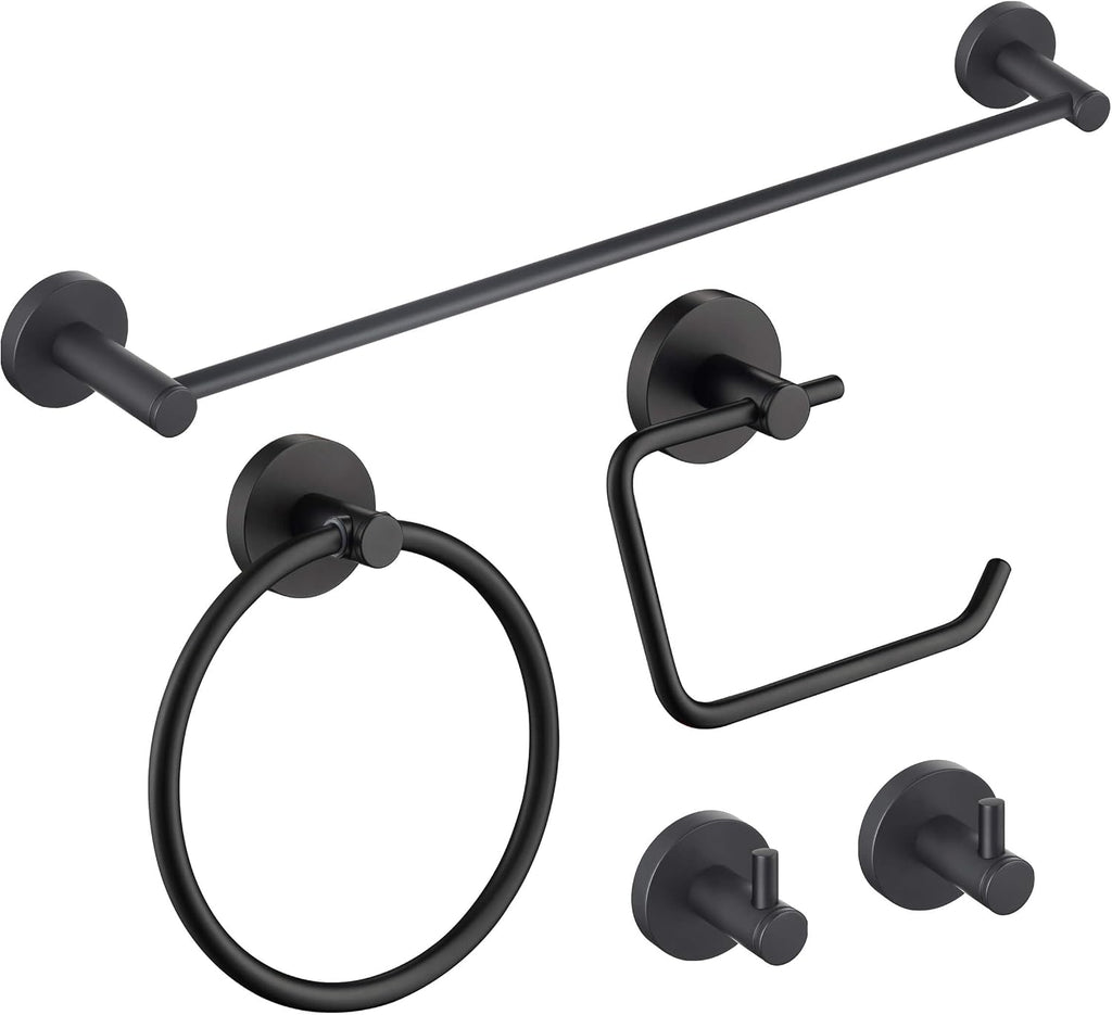 KIBI Circular Bathroom Hardware Set 5 Piece Bathroom Accessories Set | Towel Bar (18'), Towel Ring, Toilet Paper Holder, Robe Hooks (Matte Black) (C-KBA14-5-4)