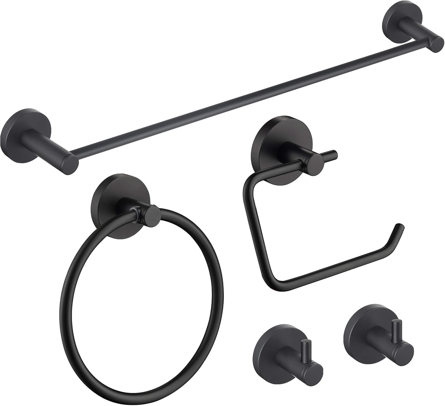 KIBI Circular Bathroom Hardware Set 5 Piece Bathroom Accessories Set | Towel Bar (18'), Towel Ring, Toilet Paper Holder, Robe Hooks (Matte Black) (C-KBA14-5-4)