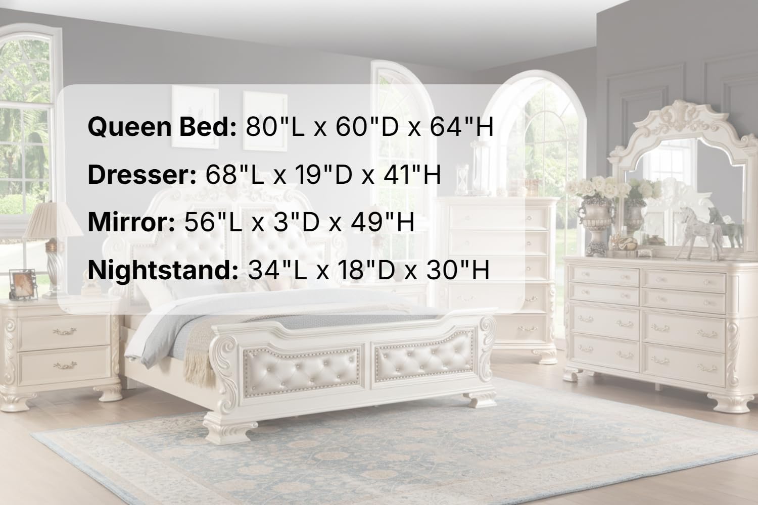 First of a Kind Victoria Off White Traditional 4 Piece Queen Bedroom Set with Upholstered Tufted Headboard Elegant European Inspired Design Coordinated Furniture Collection
