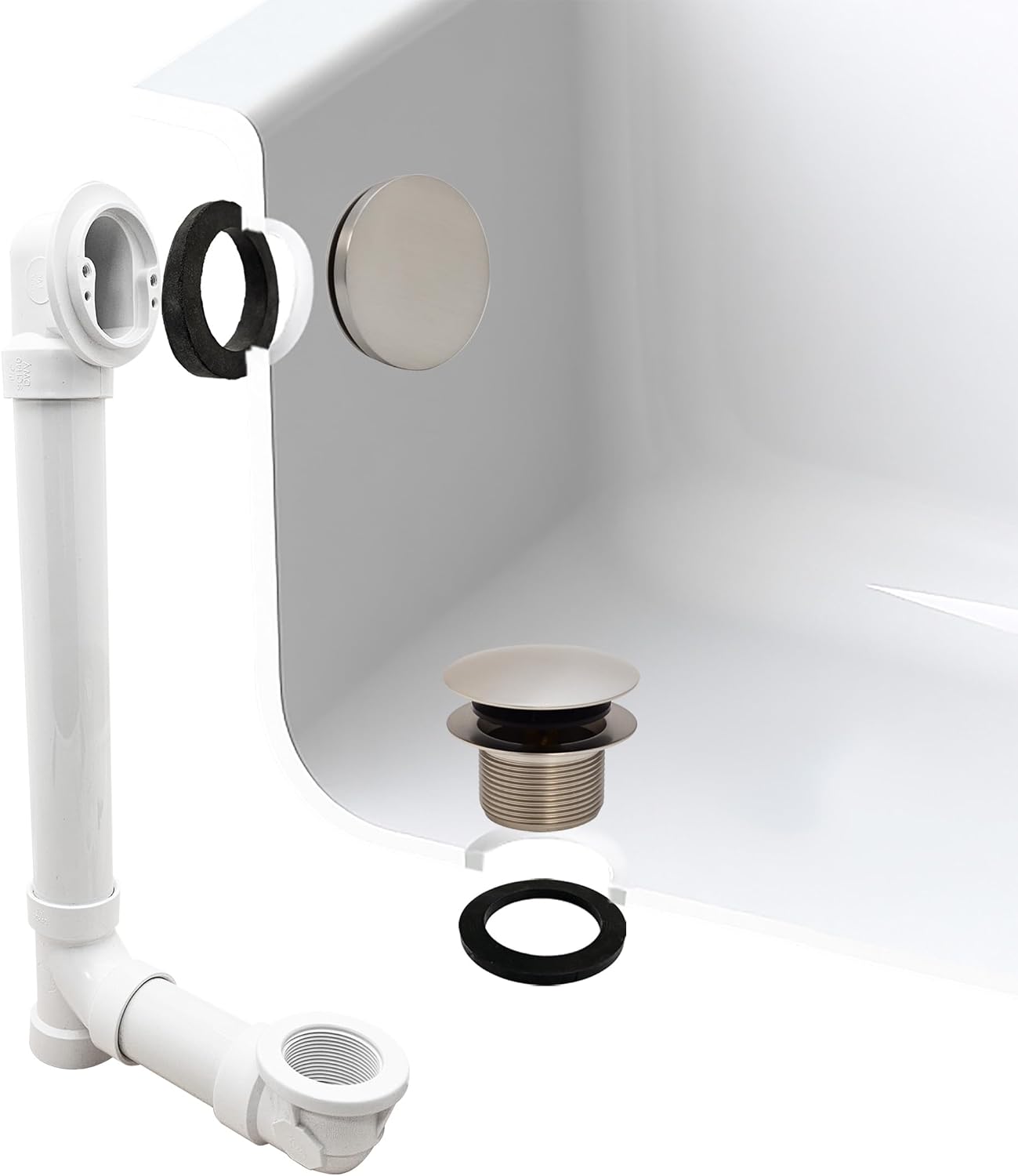Westbrass 493244H-07 14' Sch. 40 PVC Bath Waste & Overflow Assembly with Illusionary Faceplate and Tip-Toe Drain Plug, Satin Nickel (12-Pack)