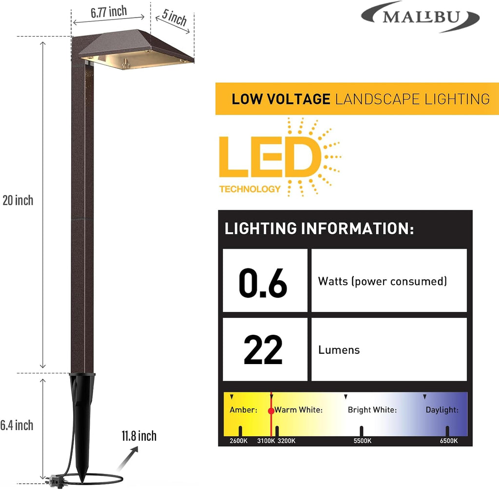 Malibu Low Voltage Landscape Lighting 0.6W LED Pathway Lights Outdoor Landscape Path Lights Wired with Connectors 22 Lumen Warm White Walkway Lights for Garden Yard Lawn 8Pack