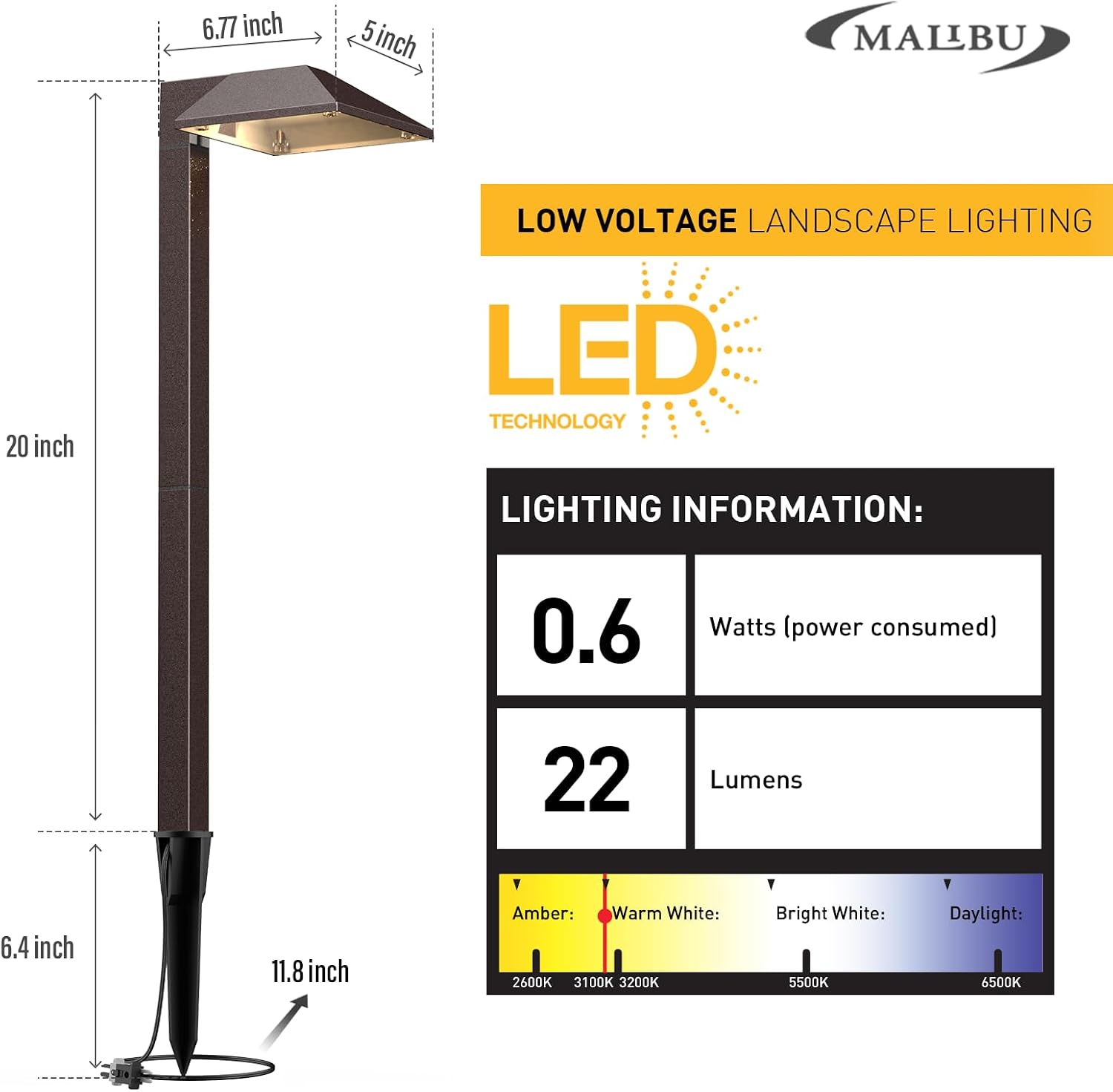 Malibu Low Voltage Landscape Lighting 0.6W LED Pathway Lights Outdoor Landscape Path Lights Wired with Connectors 22 Lumen Warm White Walkway Lights for Garden Yard Lawn 8Pack