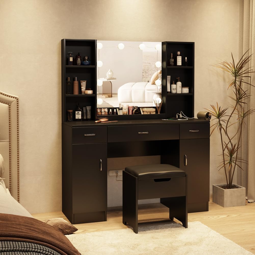 Vabches Vanity Desk with Lights and Mirror, Makeup Vanity Table with Charging Station, 45in Big Vanity Set with Storage Stool, Black