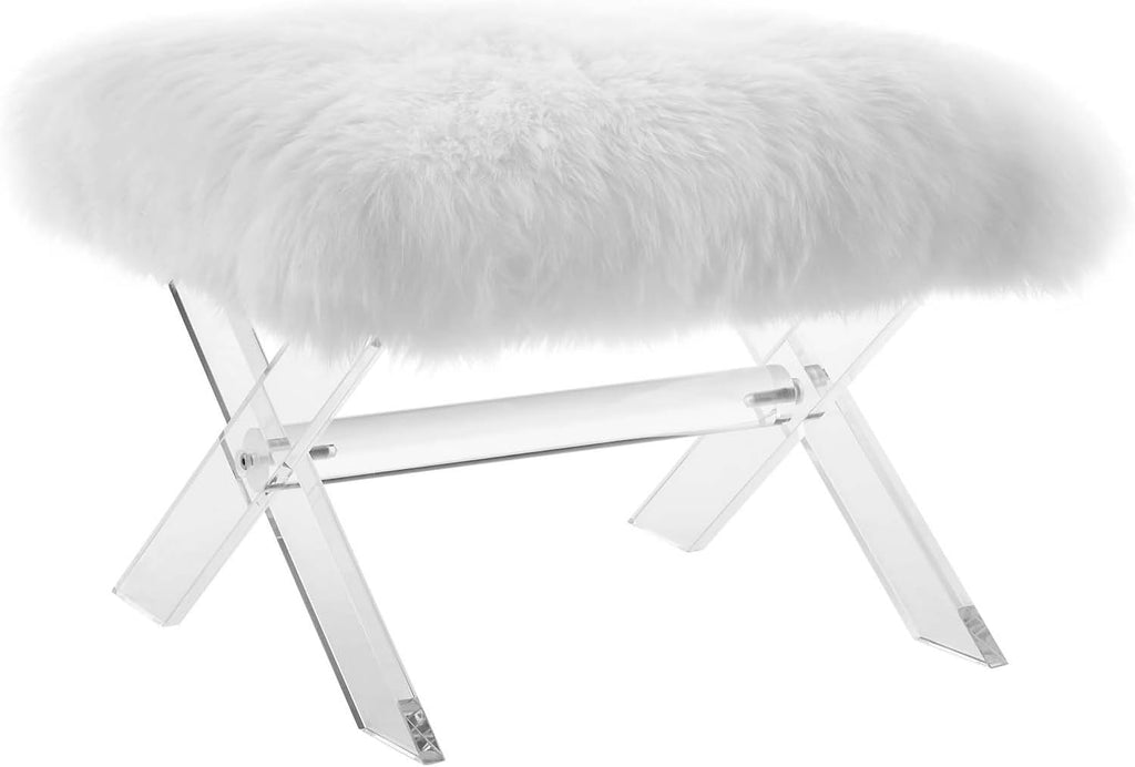 Modway Swift Acrylic X-Base Entryway Modern Bench With Authentic Pure White Sheepskin