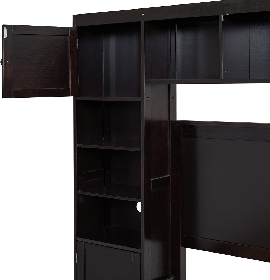 Polibi Full Size Bed Frame Wooden Platform Bed with All-in-One Cabinet and Shelf, 4 Storage Drawers & Wireable Charging Position with Holes,No Box Spring Required,Espresso