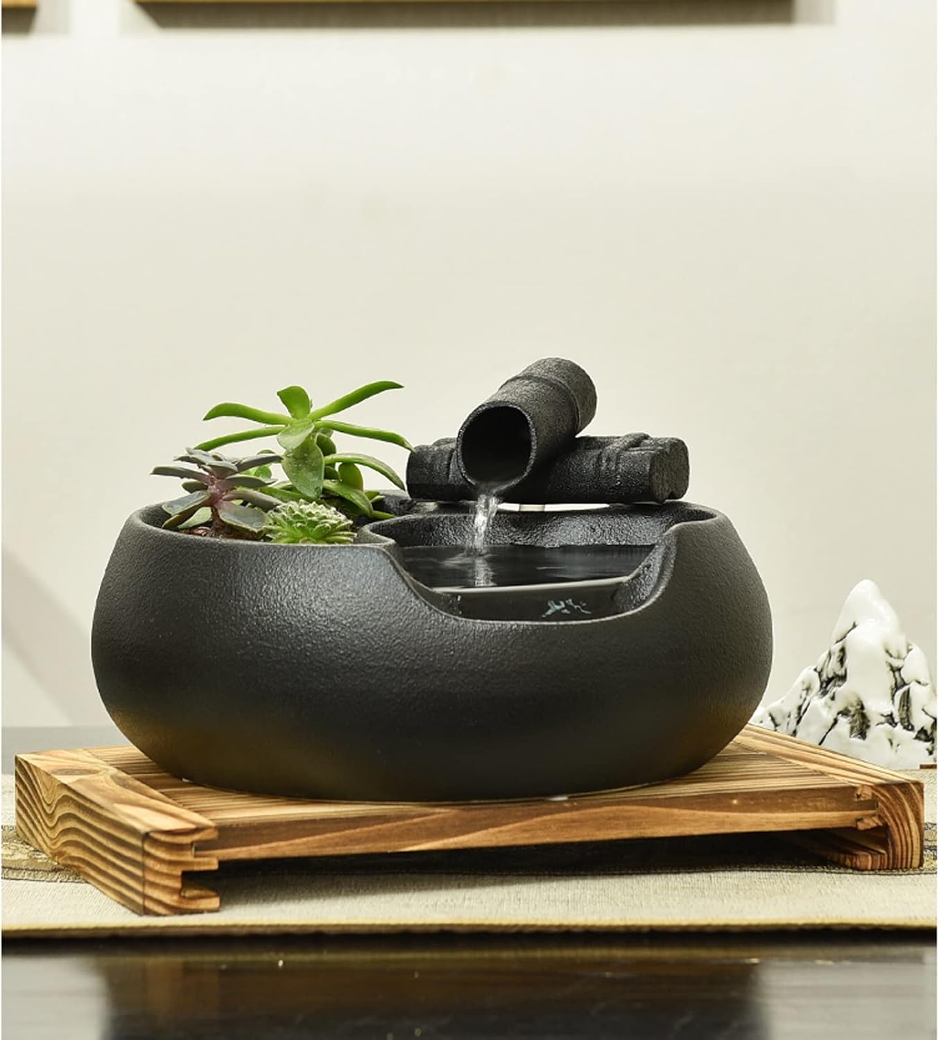 Tabletop Fountain Waterfall Ceramic Tabletop Fountain for Indoor and Outdoor Table Desk Office Patio Black Ceramic Fountain with Pumps and Wooden Base Indoor Waterfall Desktop Fountain (Color : A)