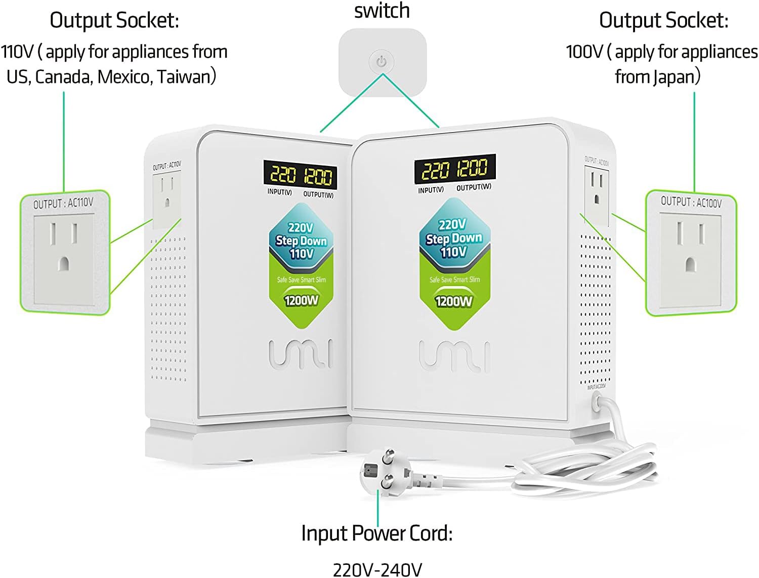 UMI 220V to 110V Step Down Voltage Converter 1200Watts Continuous Full Load Capacity