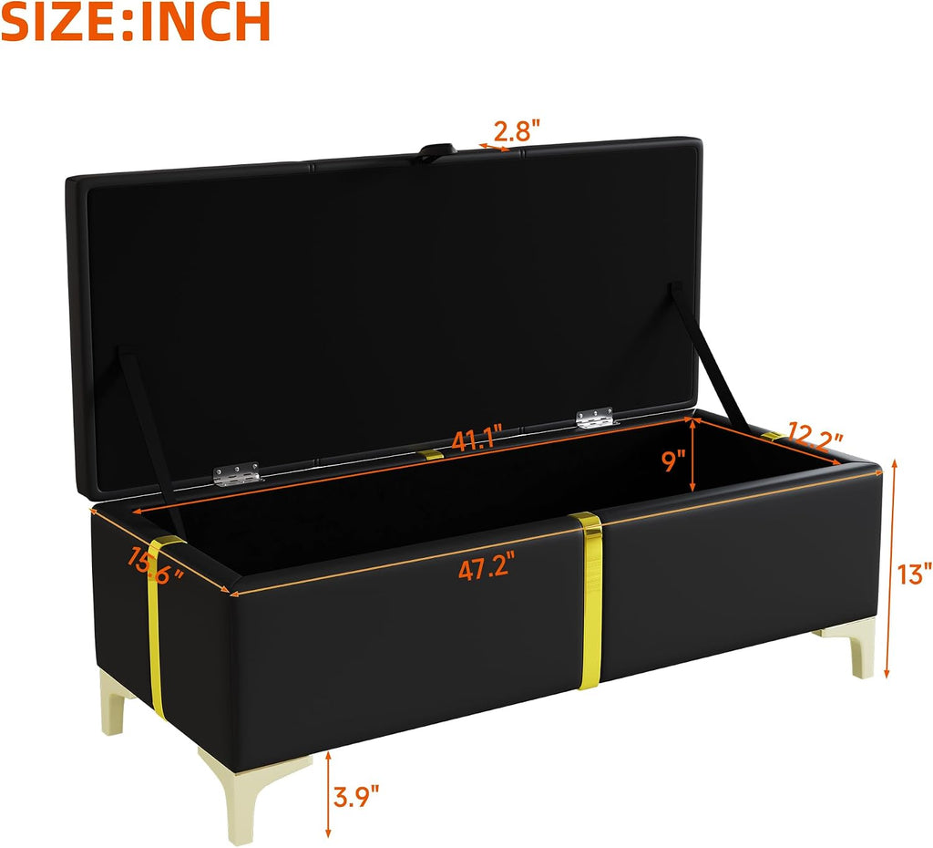 GDFStudio Gomar 2-Piece Bedroom Sets, Queen Size Storage Bed Frame with Hydraulic Lift & Ottoman Bench, PU Upholstered Platform Bed, Soft Fabric Headboard, No Spring Box Needed, Gold Decor, Black