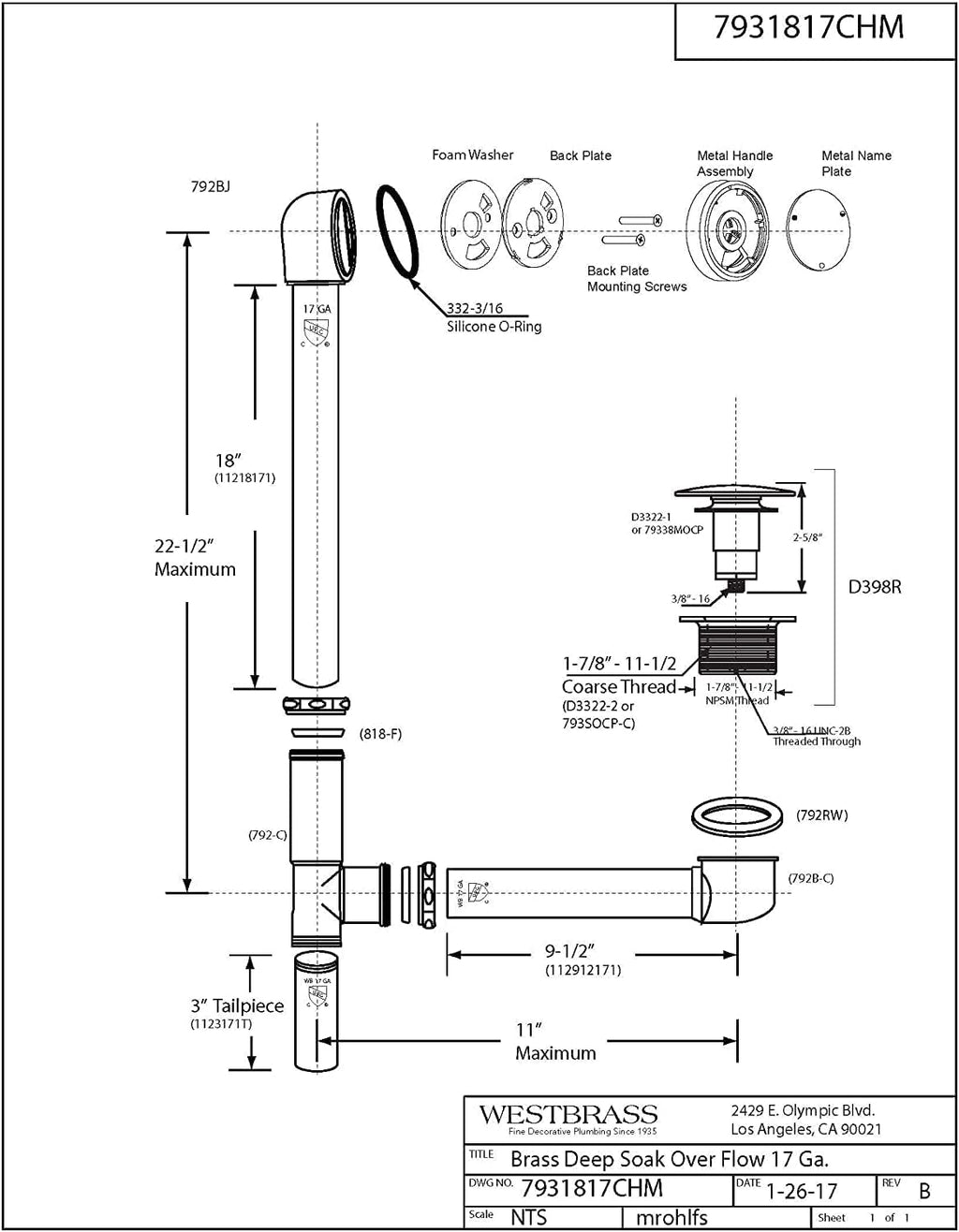 Westbrass 22' Deep Soak Tip-Toe Drain Bath Waste & Overflow, Oil Rubbed Bronze, 7931817CHM-12