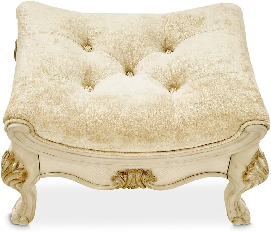 Michael Amini Platine de Royale Beige Champagne Vanity Bench Solid Rubberwood Frame Velvet Upholstery Comfortable Seating Elegant Design Durable Construction for Bedroom or Dressing Room