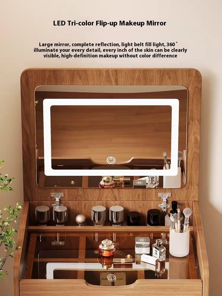 3 in 1 Vanity Desk with Plip Top Mirror and Lights, 23.6' Small Make Up Vanity Set with Visible Glass Desktop,Compact Makeup Vanity with 3 Drawers,Dressing Table for Bedroom,Walnut