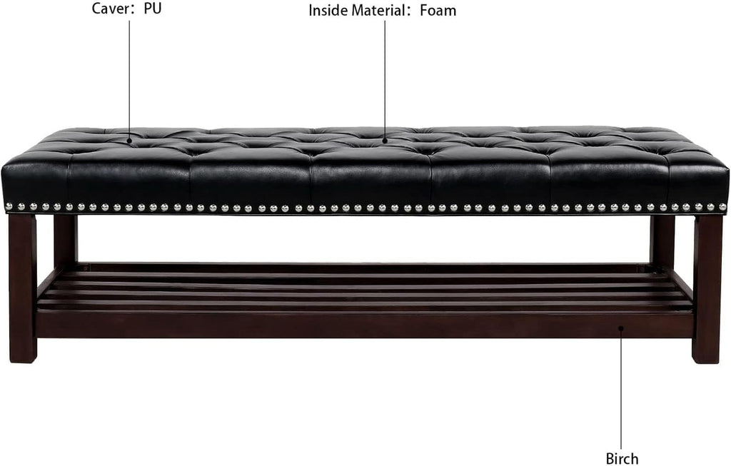 60in Button-Tufted Leather Indoor Bench,Black Upholstered Shoe Bench Entryway, Bedroom Bench Seat, End of Bed Ottoman, Vanity Bench with Wooden Base Shoes Rack (Black+Wooden)