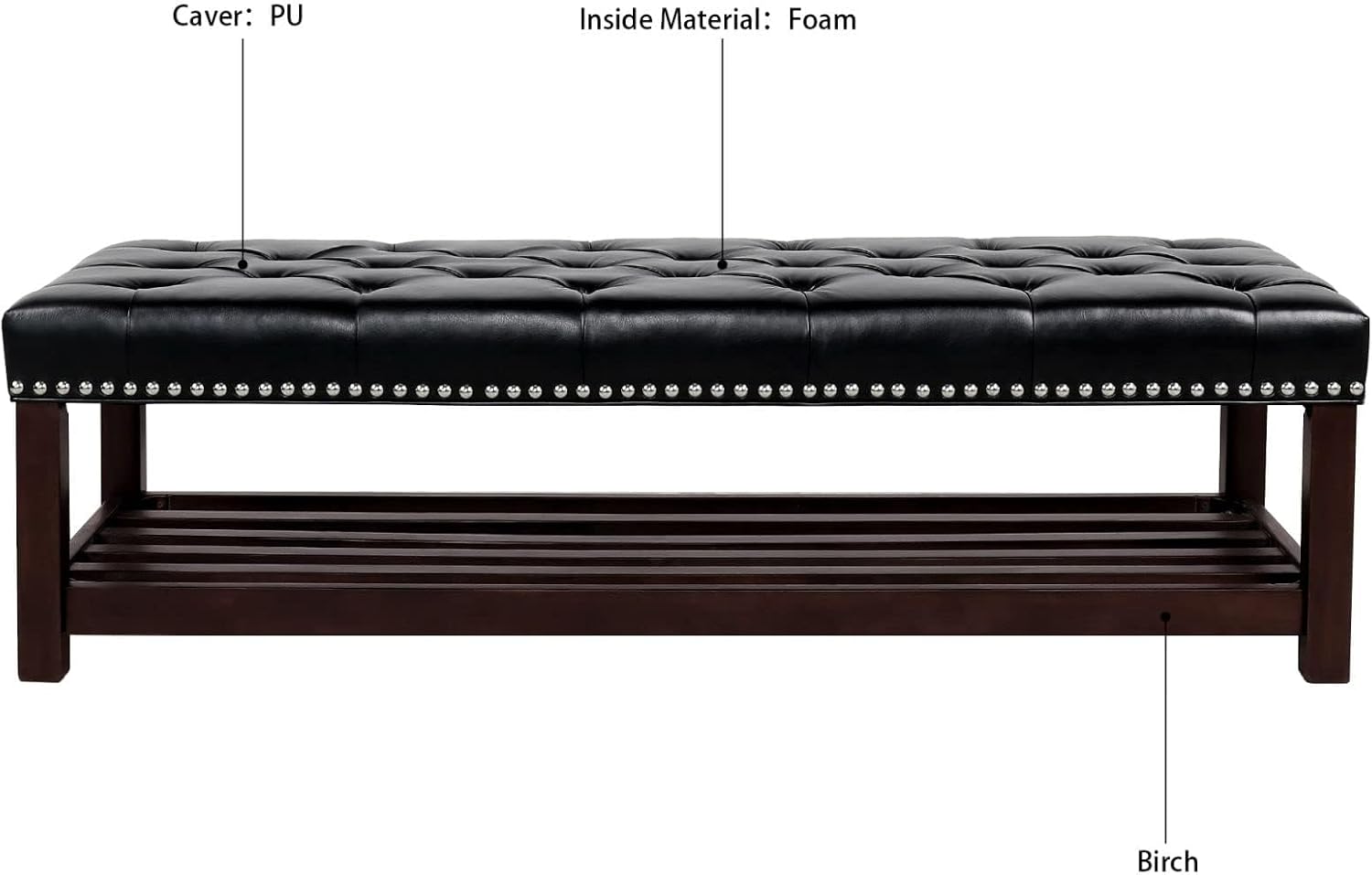 60in Button-Tufted Leather Indoor Bench,Black Upholstered Shoe Bench Entryway, Bedroom Bench Seat, End of Bed Ottoman, Vanity Bench with Wooden Base Shoes Rack (Black+Wooden)