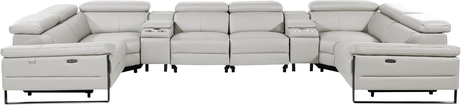 BlackJack Furniture Antonio 8 Piece U Shaped Power Reclining Sectional Sofa, Modular Couch with Top Grain Italian Leather, 4 Electric Recliners, USB & Wireless Chargers, Storage Console, Light Grey