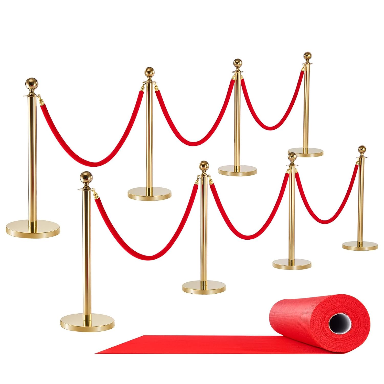VEVOR Stanchions and Velvet Ropes 8Pcs, Hollow Base with Stainless Steel Post & 32.81ft Carpet, 6 Red Velvet Ropes, Crowd Control Barriers Gold Stanchions, Red Carpet Runner Poles for Party Supplies