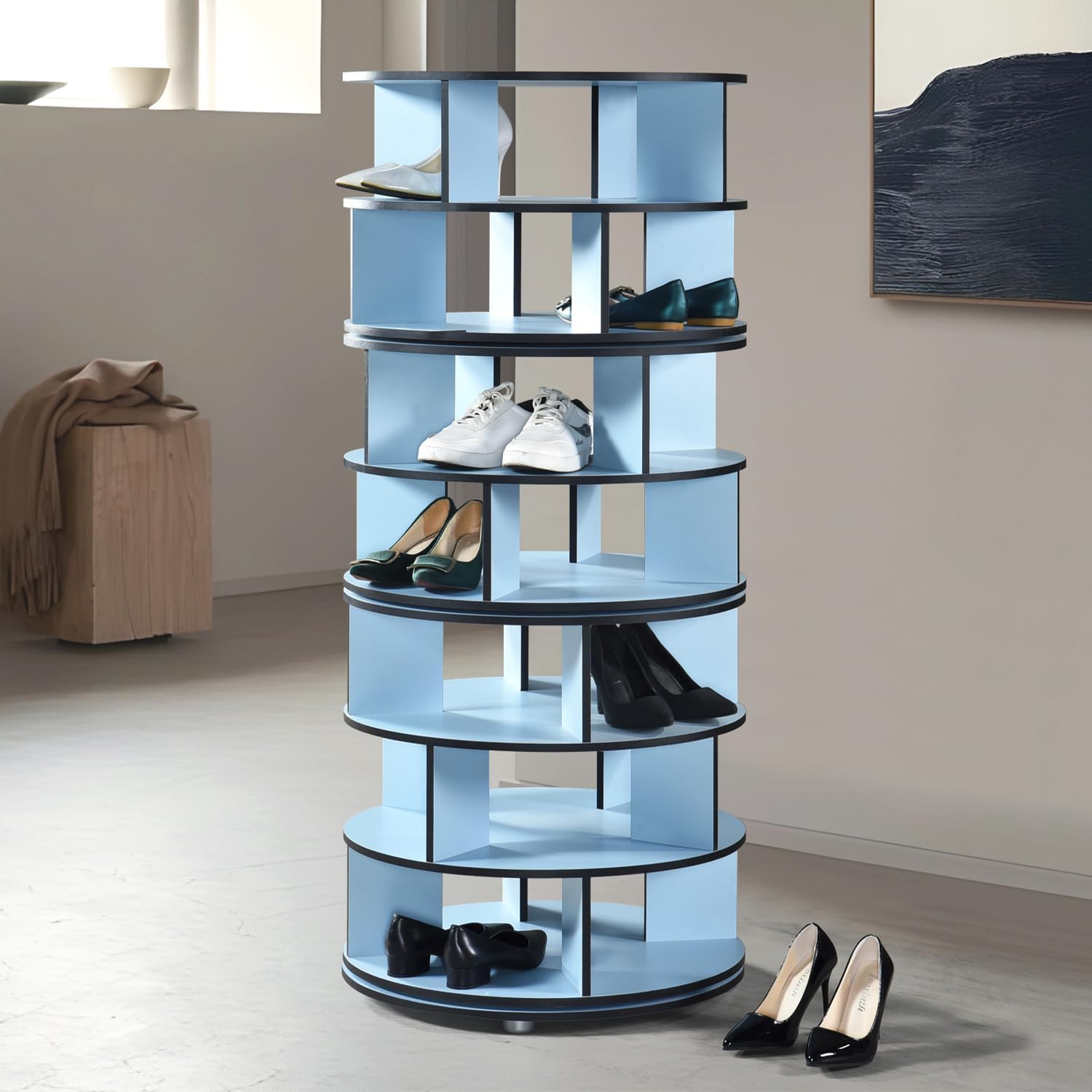 Kings Brand Furniture - 7-Tier Rotating Shoe Rack, 360° Revolving Lazy Susan Spinning Shoe Rack Tower Storage Organizer for Closet Entryway Bedroom Hallway, Blue