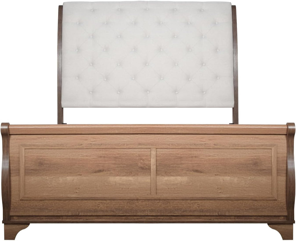 HomeStock 5-Piece Bedroom Set with Sleigh Bed - Pecan Finish - Includes Headboard, Footboard, Slat Kit, 2 Side Rails, Dresser, Mirror, Nightstand, Chest California King