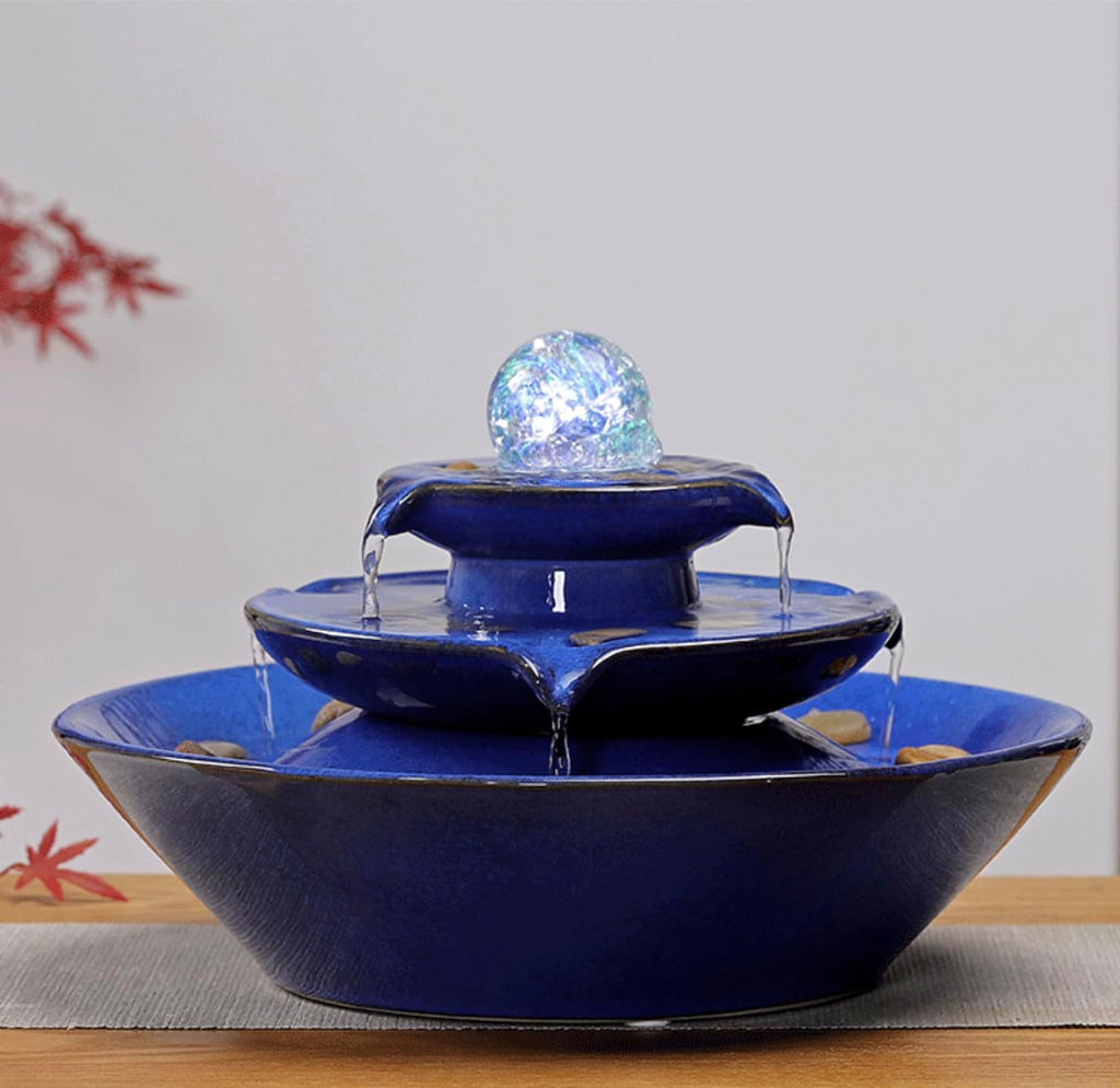 11.8' Indoor Tabletop Fountain, Ceramic Multi-Tier Waterfall with Crystal Ball & Fish Tank Feature, Free 10pcs Natural Crystals, Zen Home/Office/Entryway Decor, Housewarming Gift(Blue)