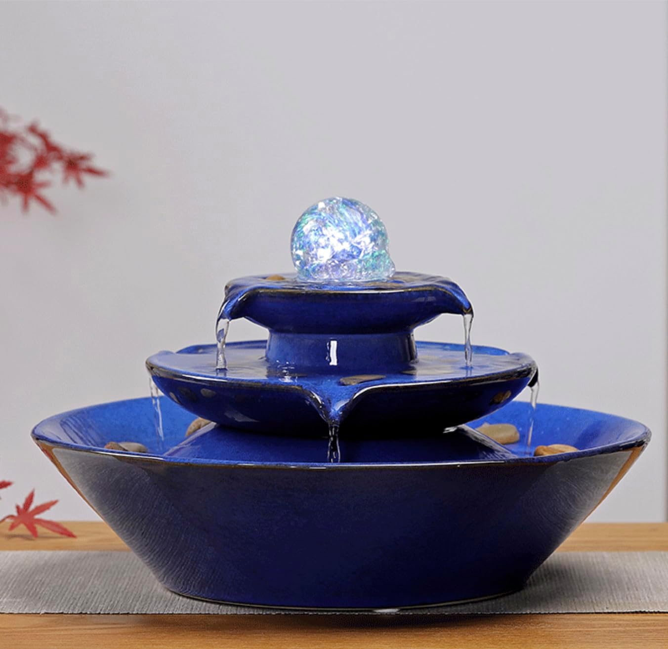 11.8' Indoor Tabletop Fountain, Ceramic Multi-Tier Waterfall with Crystal Ball & Fish Tank Feature, Free 10pcs Natural Crystals, Zen Home/Office/Entryway Decor, Housewarming Gift(Blue)