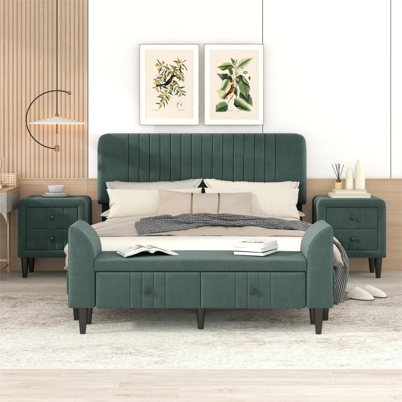 4-Pieces Bedroom Sets Queen Size Upholstered Platform Bed w/Two Nightstands and Storage Bench,for Indoor Bedroom Furniture