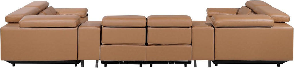 BlackJack Furniture Antonio 8 Piece U Shaped Power Reclining Sectional Sofa, Modular Couch with Top Grain Italian Leather, 4 Electric Recliners, USB & Wireless Chargers, Storage Console, Cognac