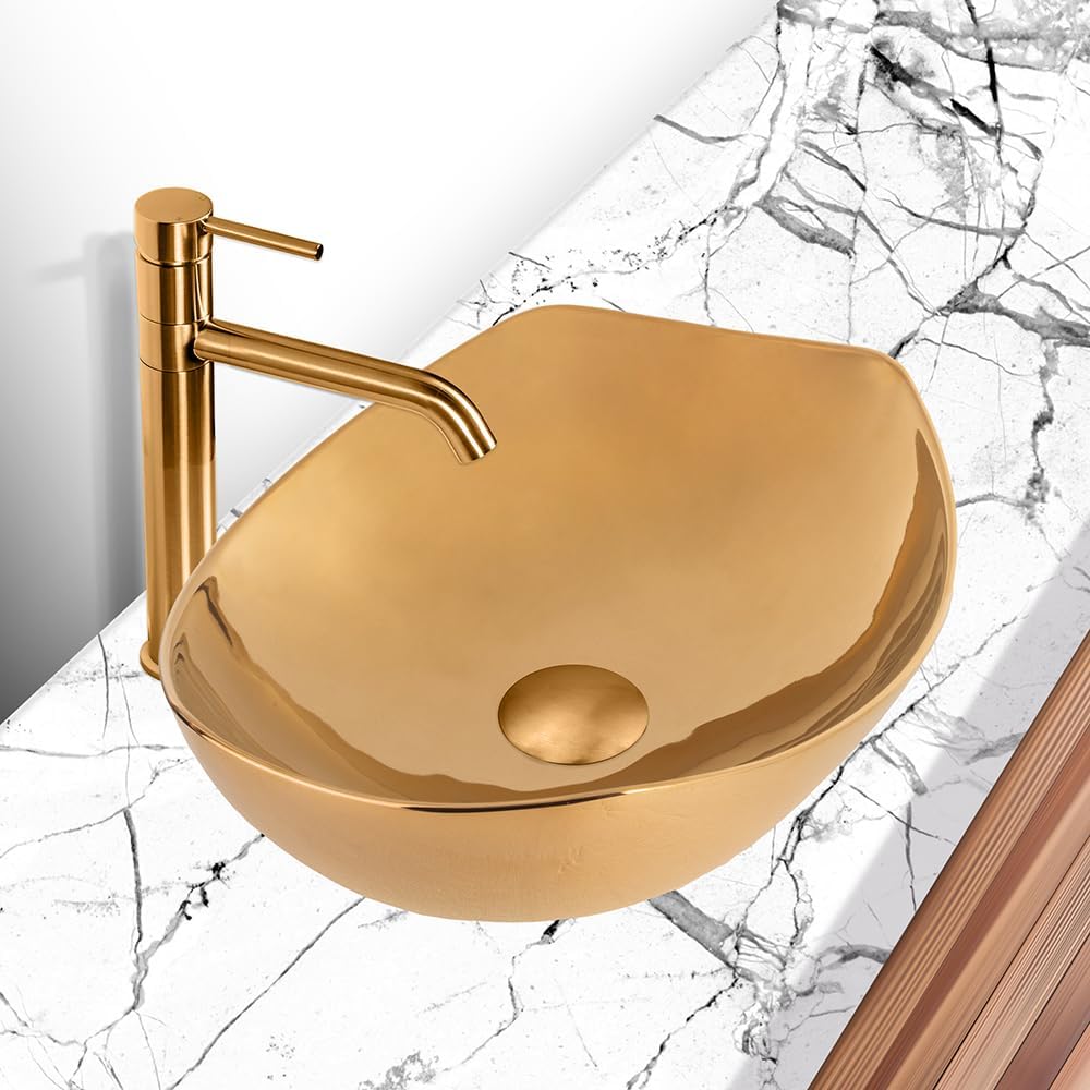 Strictly Sinks 22 Inch Gold Vessel Sink – Gold Glossy Ceramic Countertop Bathroom Sink – Easy to Install Above Counter Luxurious Vessel Sink for Bathroom
