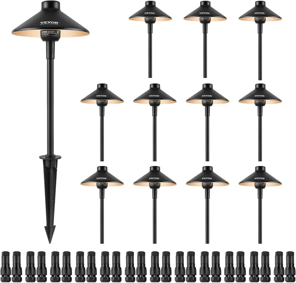 VEVOR 12 Pack Low Voltage Landscape Path Lights, 3W 210LM 12V-24VAC/DC Outdoor LED Pathway Lighting, 3000K Warm White Walkway Lights with Quick Connectors, IP66 Waterproof for Yard Garden Sidewalk