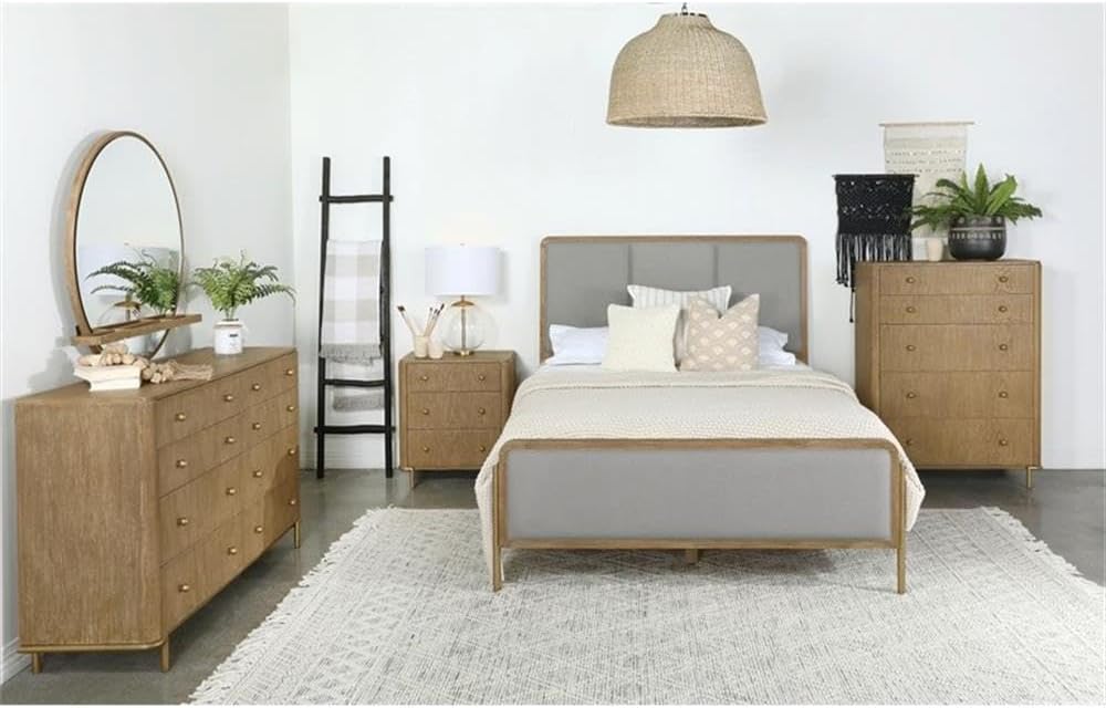 Pemberly Row 4-Piece Wood Queen Bedroom Set, Sand Wash Finish, Gray Fabric Upholstered Bed, Mirror with Jewelry Shelf, USB Nightstand, Dresser with Felt-Lined Drawers, Mid-Century Modern Style