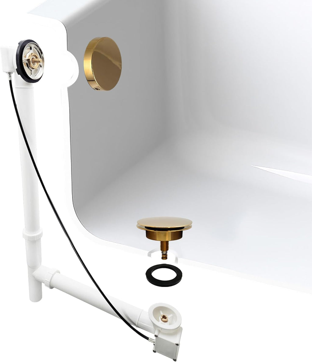 Westbrass D50P27TLERE-01 27' Cable Drive Bath Drain Trim with Rotary Overflow Cover Knob, Pop-Up Stopper and Poly Tubular Pipes & Fittings, Polished Brass