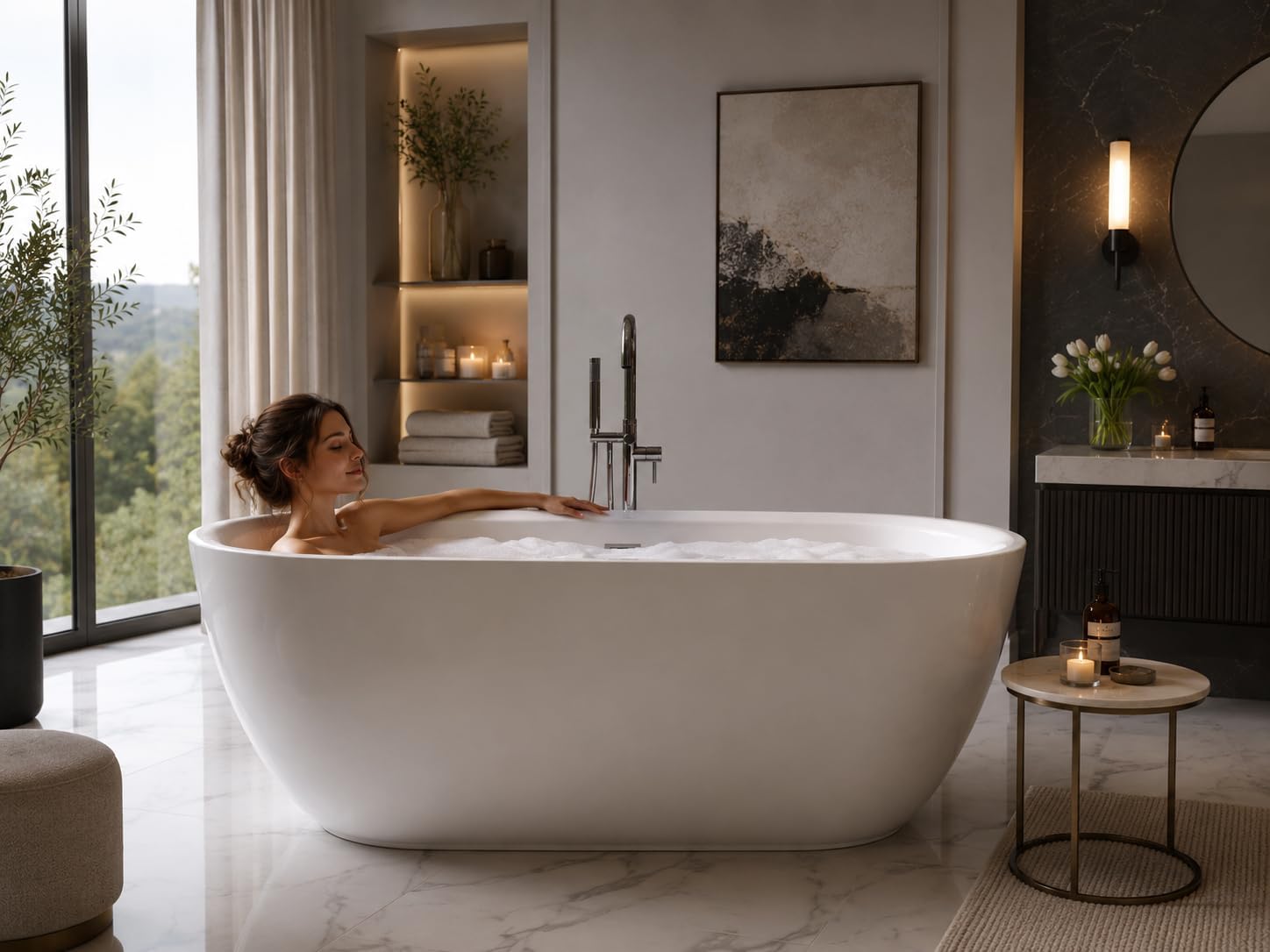 ANZZI Freestanding Bathtub 67 in Acrylic Glossy White Flat Bottom Soaking Tub, Ami Series One-Piece, Center Drain, Polished Chrome Overflow, Slip-Resistant Floor, Leveling Adjustable Feet | FT-AZ401