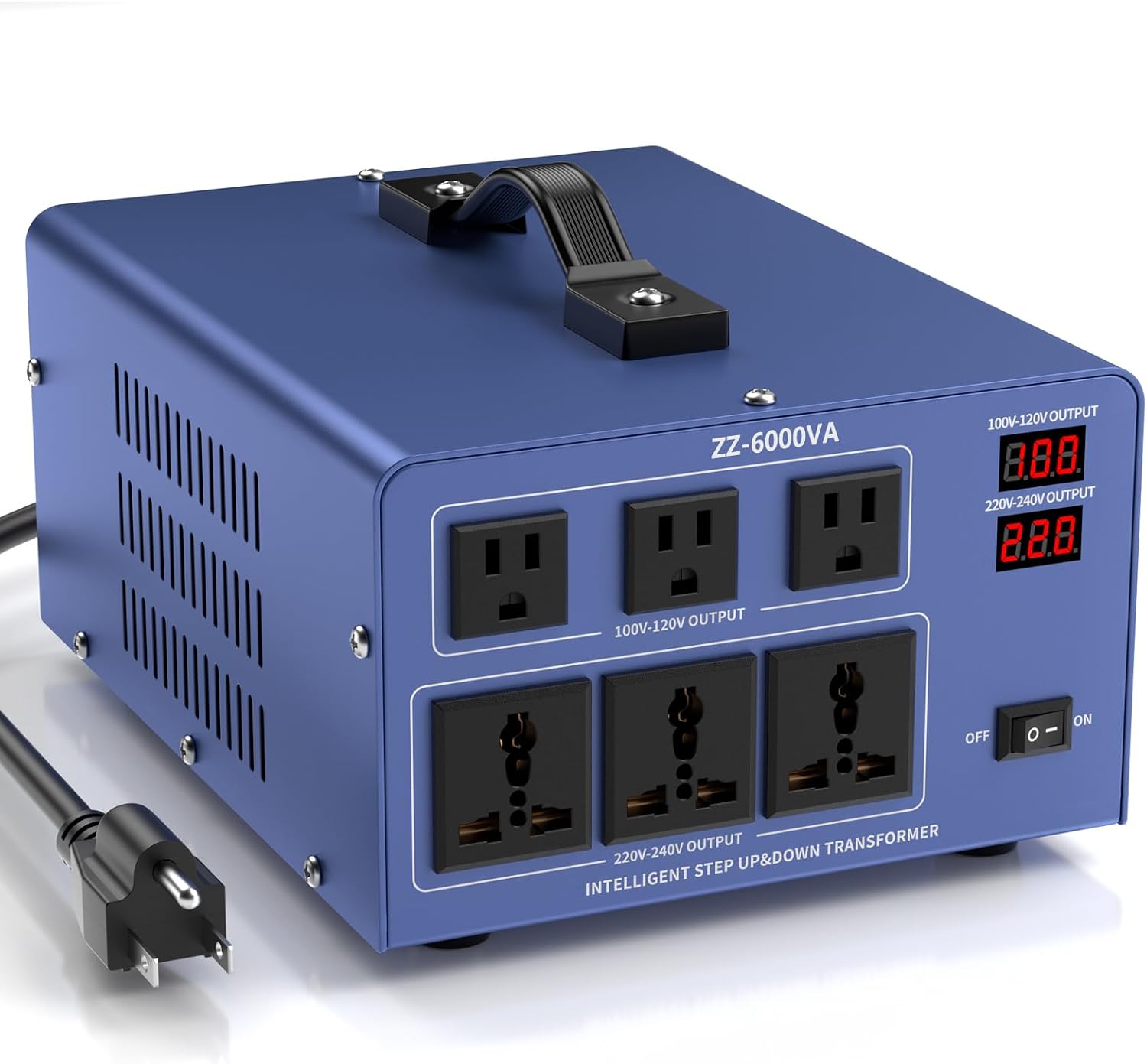 6000W Voltage Converter Auto Transformer,110/120/220/240V Heavy Duty Step Up/Down Power Converter Transformer with 3 US Outlets,3 Universal Outlets, LCD Display,Resettable Circuit Breaker Protection
