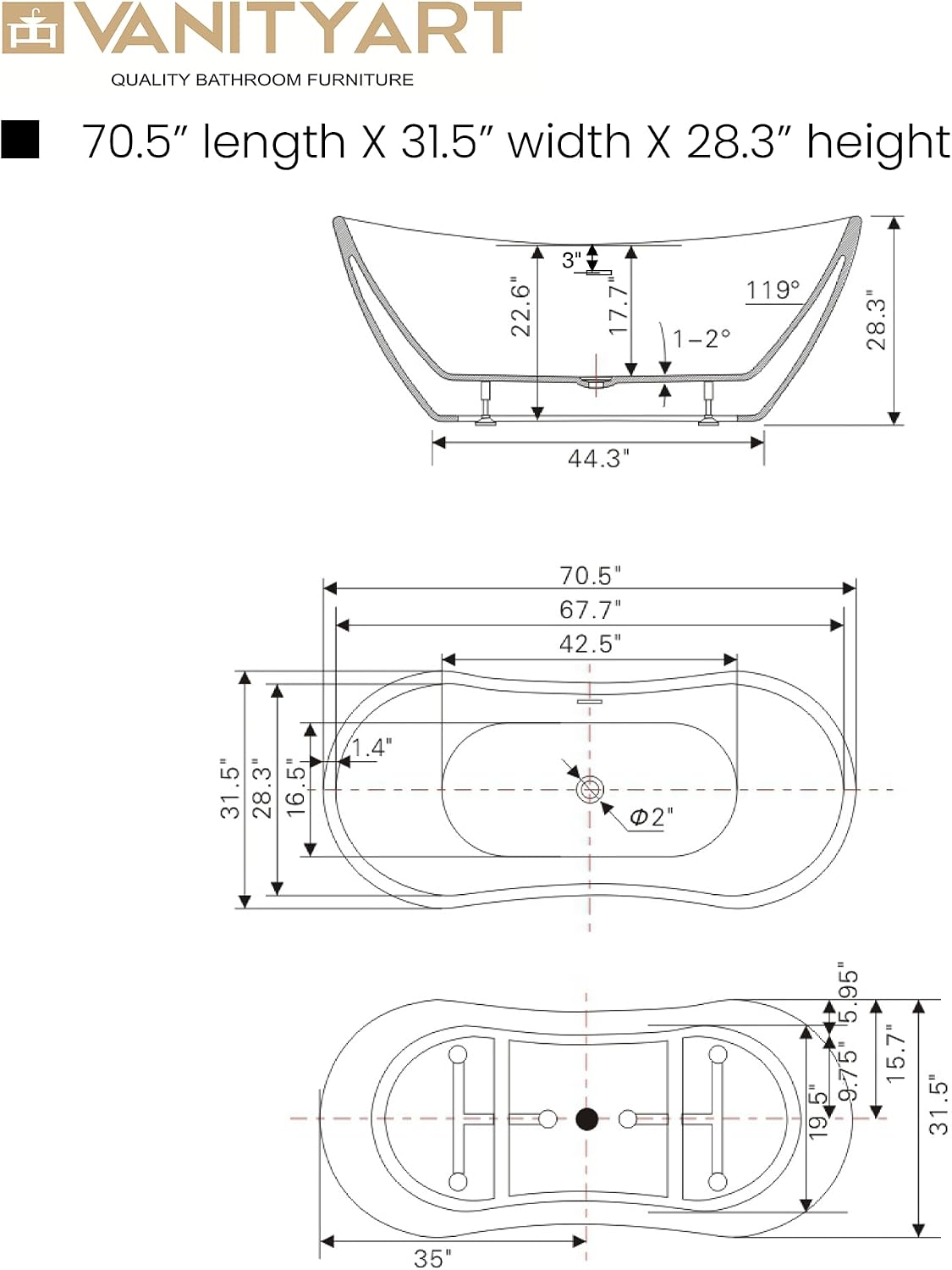 Vanity Art 71' Freestanding Bathtub | Free Standing Tub Stand Alone Tub with Contemporary Design for Soaking and Bathing, Overflow and Pop-up Drain with UPC Certified, Acrylic,VA6517-TG