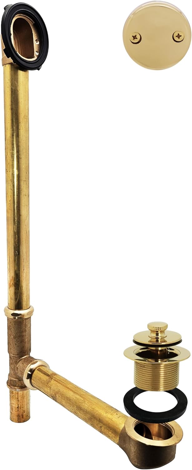 Westbrass A3264-01 22-1/2' Brass Bath Waste & Overflow Assembly with Pull Drain Plug and 2-Hole Faceplate, Polished Brass