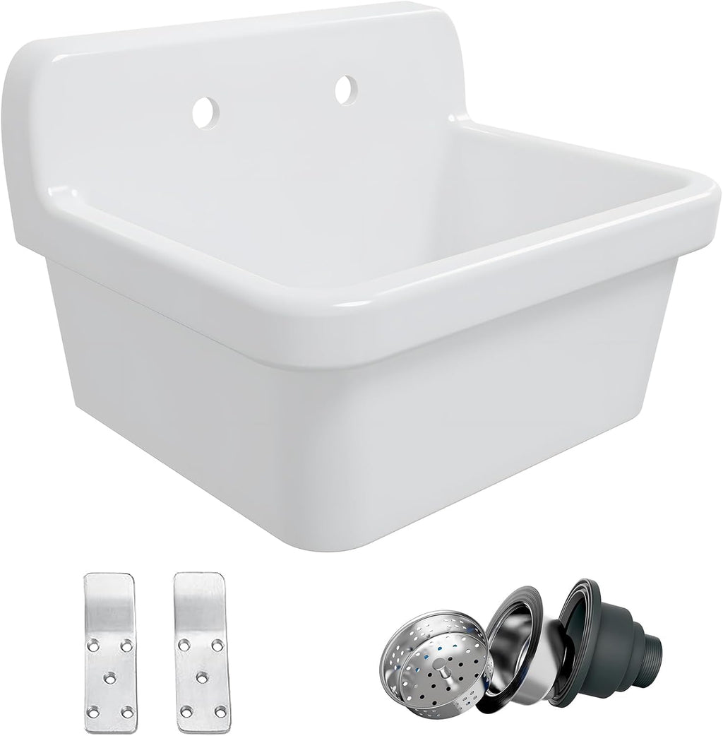 Eridanus 24 Inch Utility Sink, Farmhouse Kitchen Sink Wall Mounted Laundry Sink Floating Porcelain Ceramic Trough High Back for Garage, Workshop, Washing Room, Bathroom, 24' x 19' x 16.5'