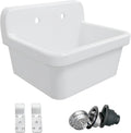 Eridanus 24 Inch Utility Sink, Farmhouse Kitchen Sink Wall Mounted Laundry Sink Floating Porcelain Ceramic Trough High Back for Garage, Workshop, Washing Room, Bathroom, 24' x 19' x 16.5'