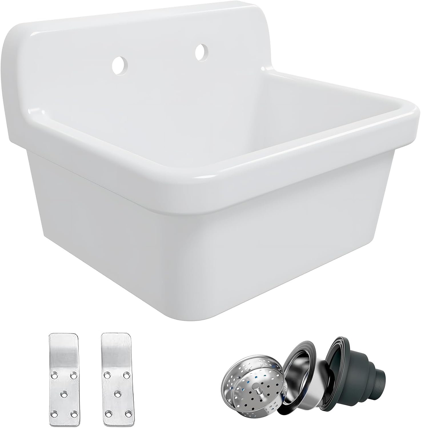 Eridanus 24 Inch Utility Sink, Farmhouse Kitchen Sink Wall Mounted Laundry Sink Floating Porcelain Ceramic Trough High Back for Garage, Workshop, Washing Room, Bathroom, 24' x 19' x 16.5'