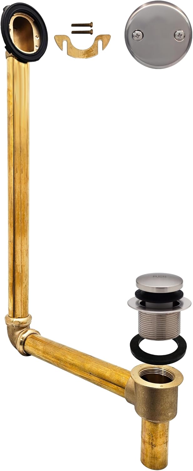 Westbrass 7931817-DC-07 22' Direct Connect 17 Gauge Brass Waste and Overflow with Tip-Toe Drain Trim, Satin Nickel