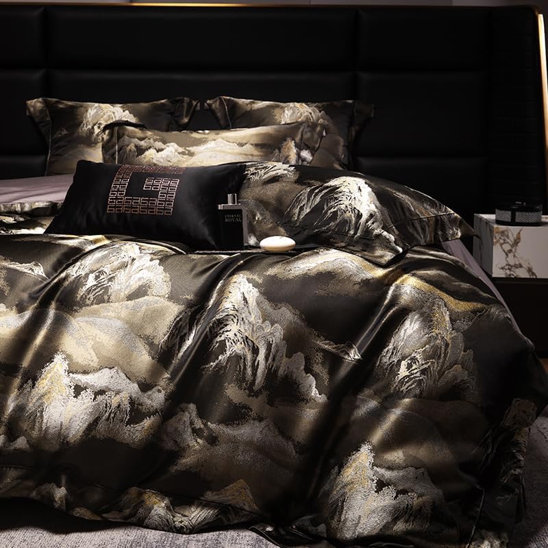 100% Long Staple Cotton Luxury 6-Piece Set, Elegant Black and Gold Satin Bedding Set, 3D Embroidered Jacquard, Quilt Cover，Sheet+2 Pillowcases and 2 Cushion Covers (Jinshan,Queen)