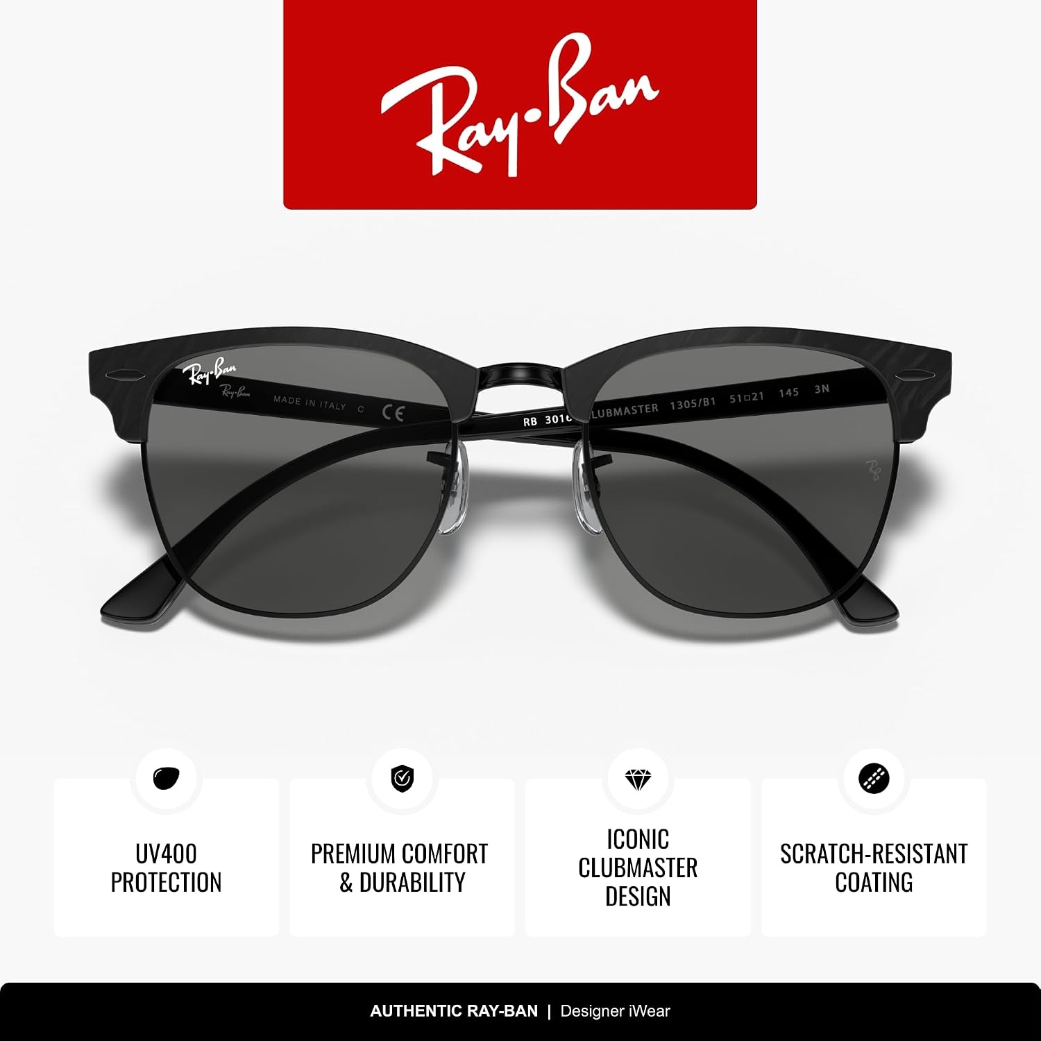 Ray-Ban RB3016 Clubmaster Classic Square Sunglasses for Men for Women