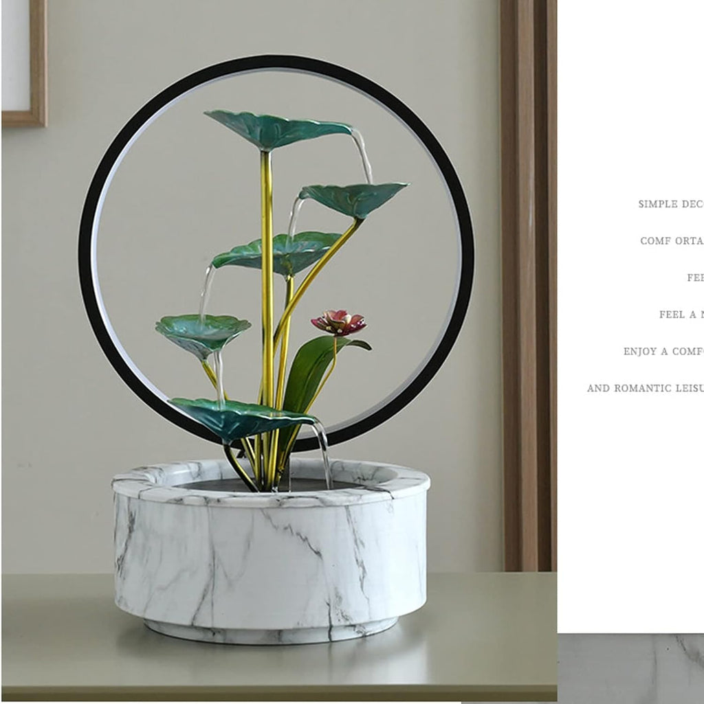 Tabletop Fountain Indoor Water Fountain 5 Tier Lotus Leaf Tabletop Relaxation Waterfall for Room Decoration LED with Round Warm Yellow Scene Light(White)