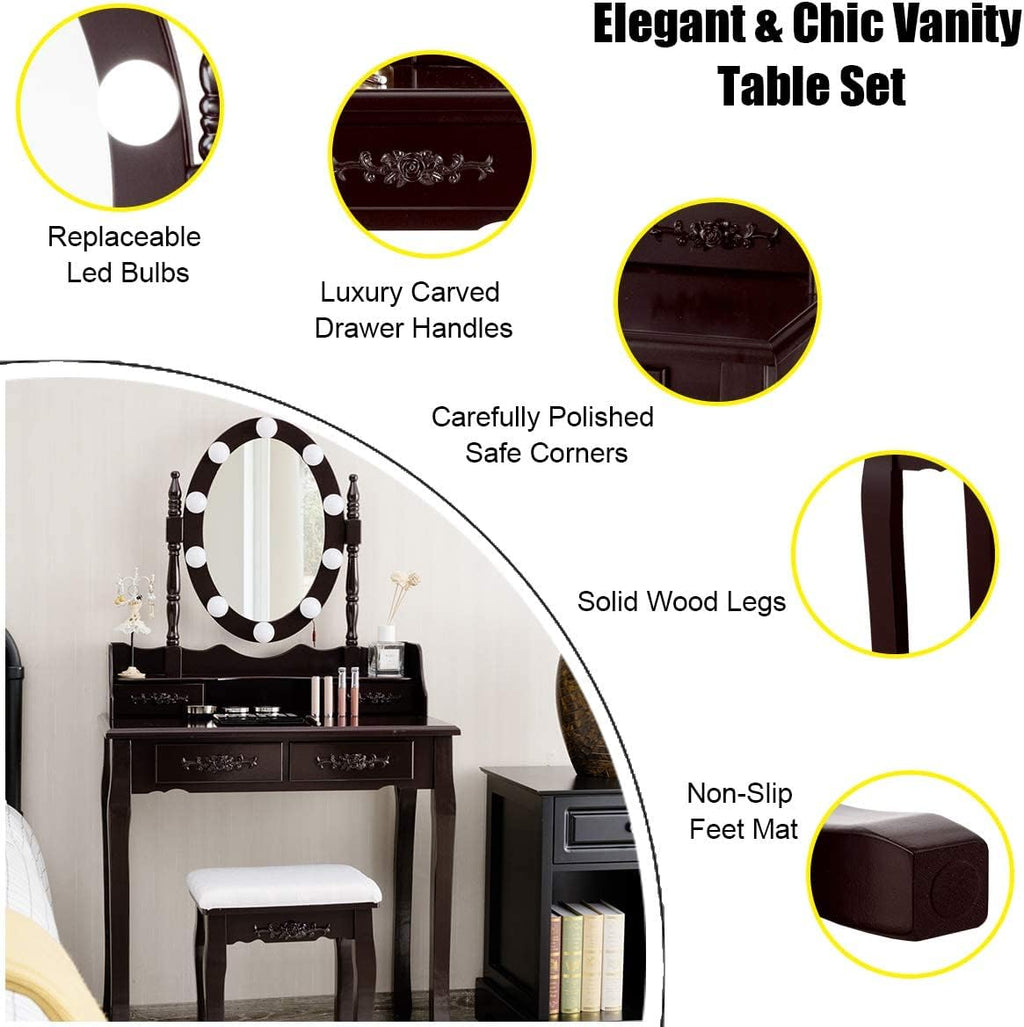 Giantex Makeup Vanity Table with 10 LED Lights, Adjustable Brightness, 3 Color Light Modes, 4 Drawers, Rotatable Mirror, Cushioned Stool, Vanity Desk Dressing Table Bedroom Furniture (Espresso)