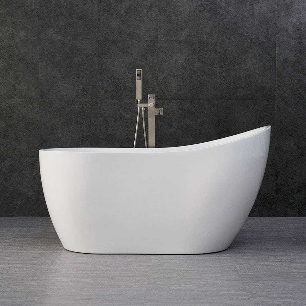 WOODBRIDGE 54' Acrylic Freestanding Bathtub Contemporary Soaking White Tub with Brushed Nickel Overflow and Drain，BTA1507-B