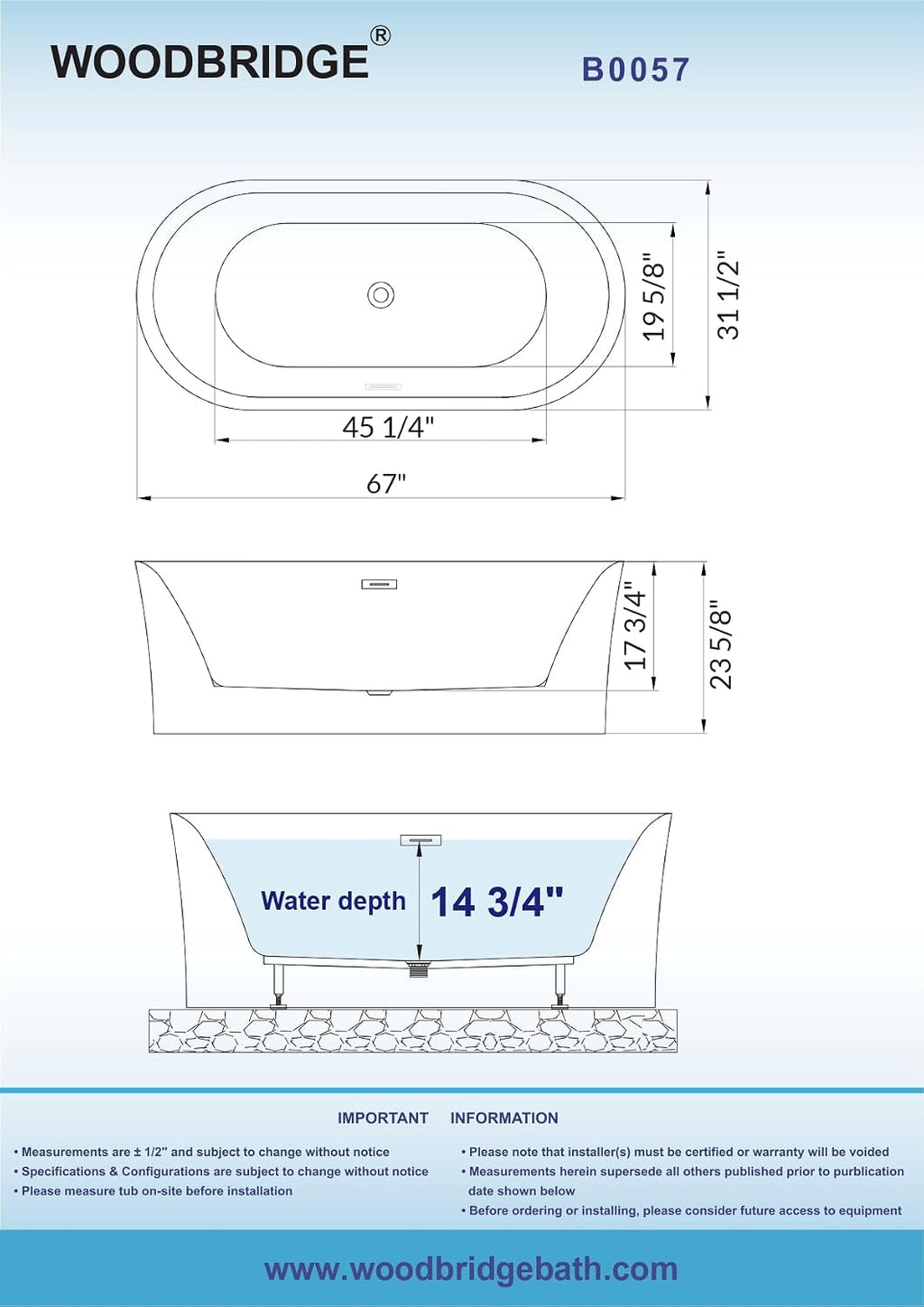 WOODBRIDGE 67' Acrylic Freestanding Bathtub Contemporary Soaking Tub with Brushed Gold Overflow and Drain,White Tub,B0057-BG